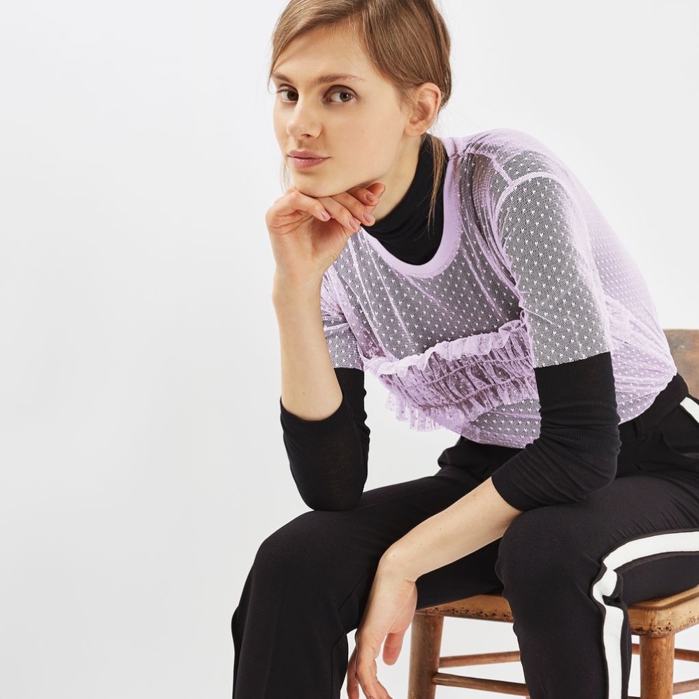 Topshop Purple Dobby Sheer Ruffle Mesh Top - Picture 2 of 8